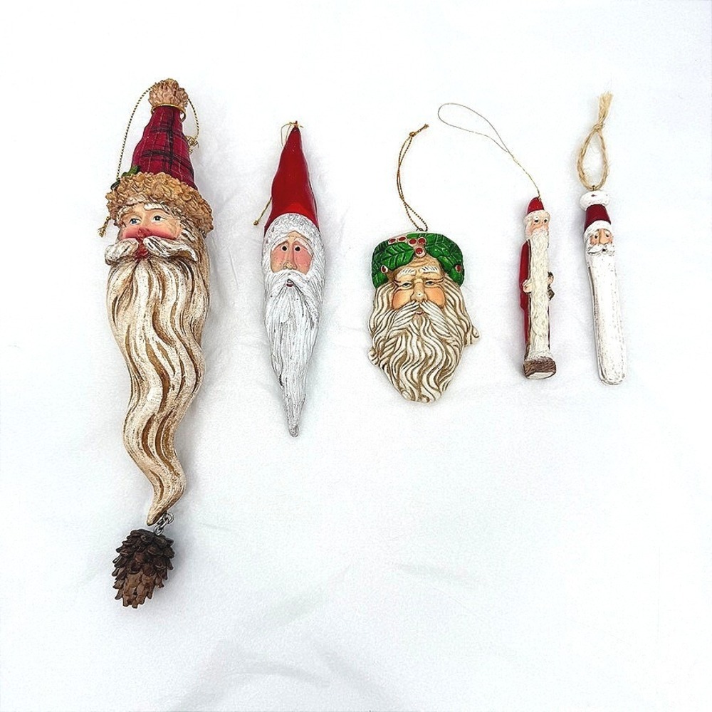 Mixed Santa Claus Christmas Ornaments Rustic Holiday LOT of 5 Wood Resin